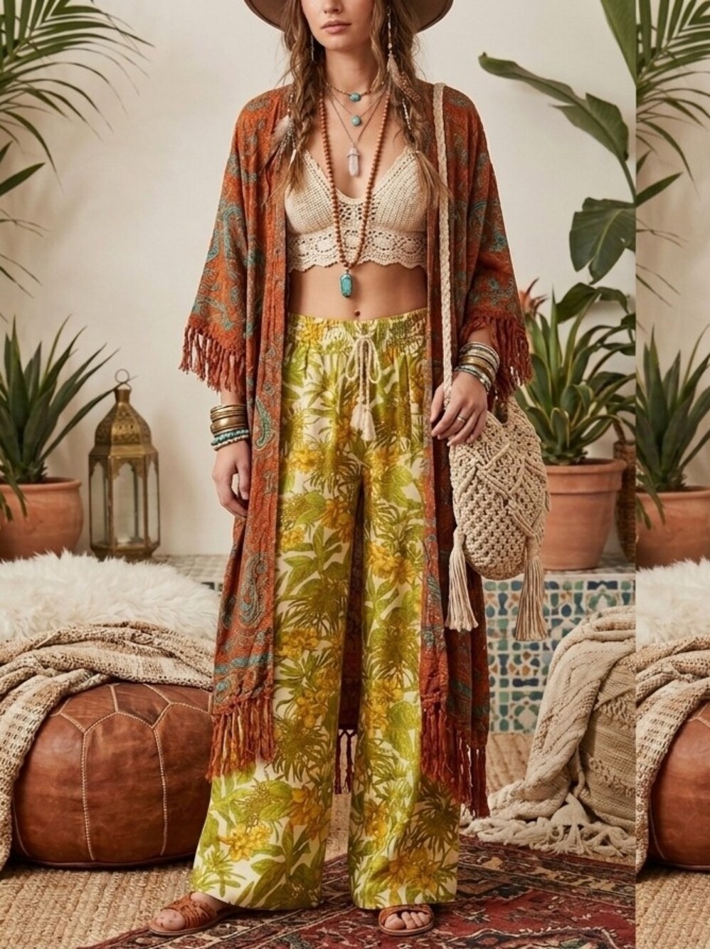 Rose & Olive Tropical Print Wide-Leg Pants in Yellow and Green